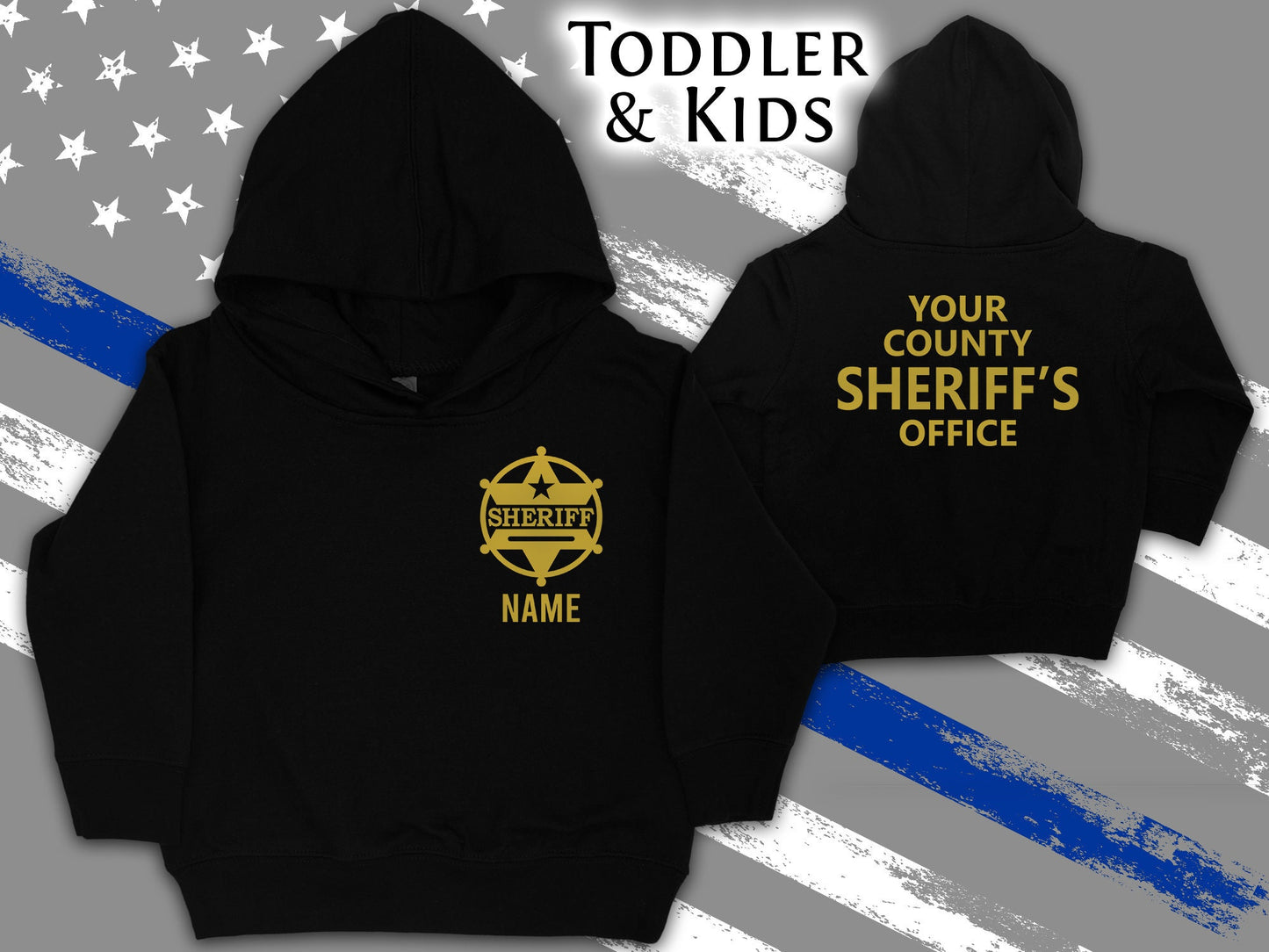 Sheriff Black Toddler Hoodie with Shield and Personalized Name - Optional County Sheriff's Office on Back