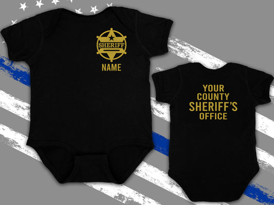 Sheriff Black Infant Bodysuit with Badge and Personalized Name - Optional County Office Name on Back