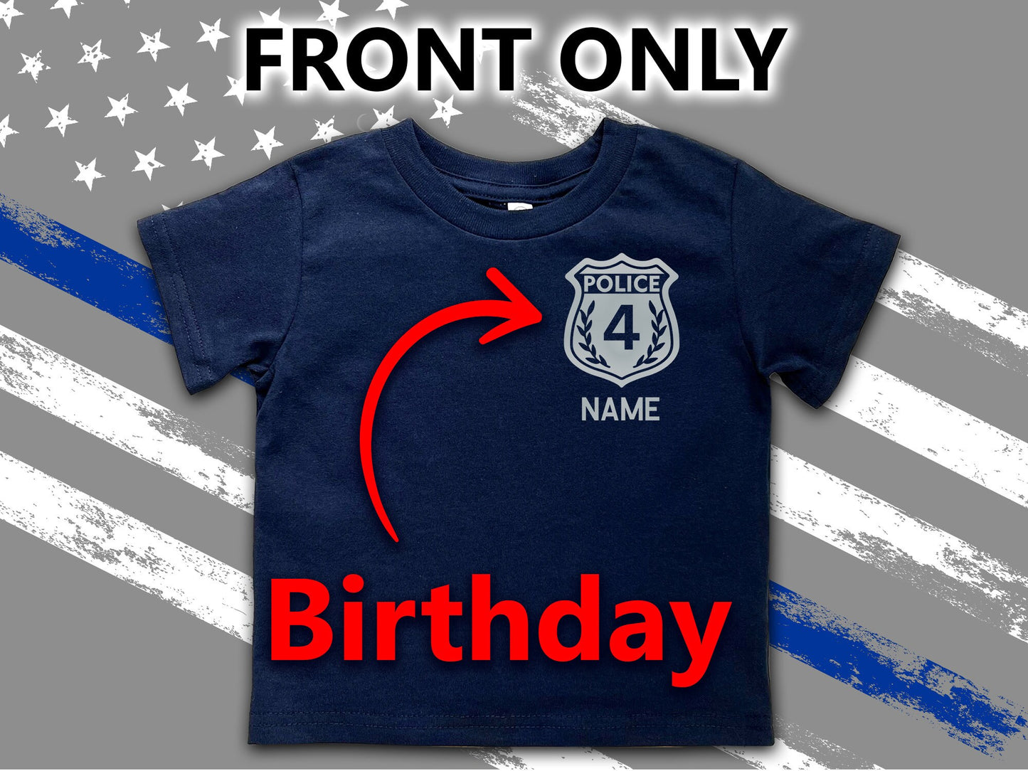 Navy Police Birthday Toddler T-Shirt with Badge and Personalized Name - Includes Child's Age - Optional Police Department on Back