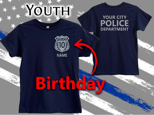 Navy Police Youth Birthday T-Shirt with Badge and Personalized Name - Includes Child's Age - Optional Police Department on Back