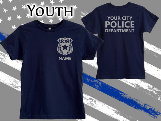 Police Navy Youth T-Shirt with Badge and Personalized Name - Optional Police Department on Back