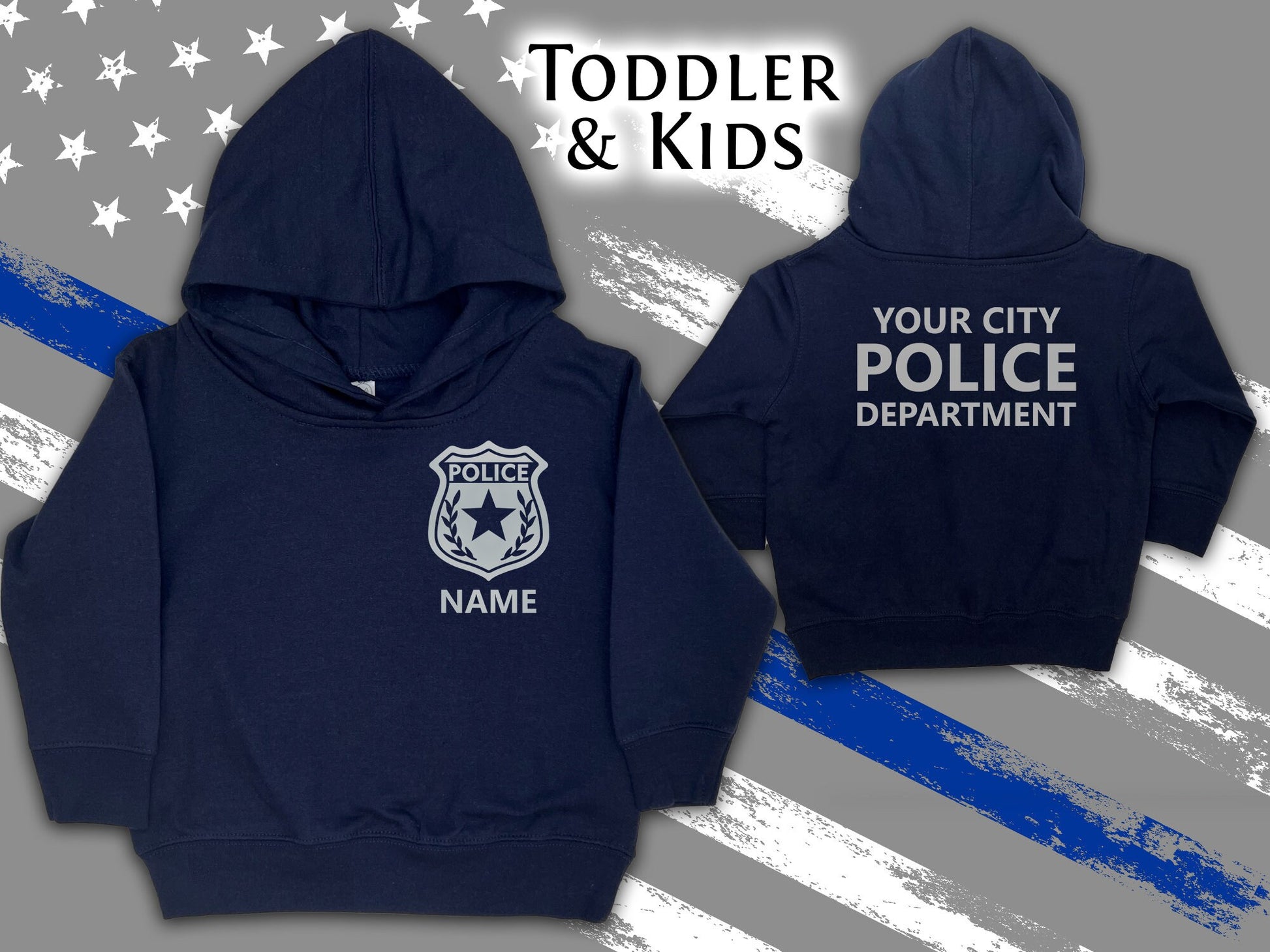 Police Navy Toddler Hoodie with Shield and Personalized Name - Optional Police Department on Back