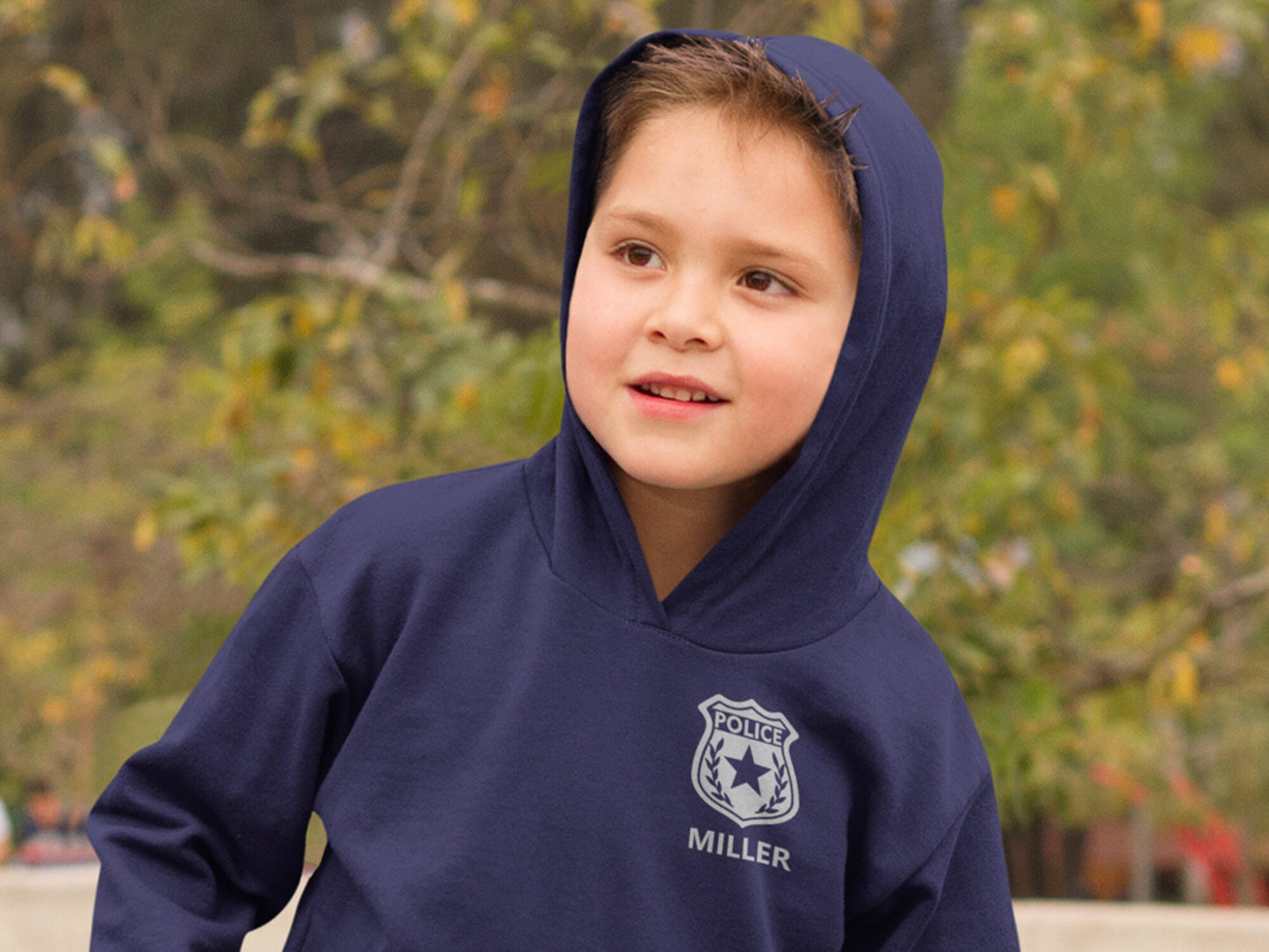 Police Navy Toddler Hoodie with Shield and Personalized Name - Optional Police Department on Back