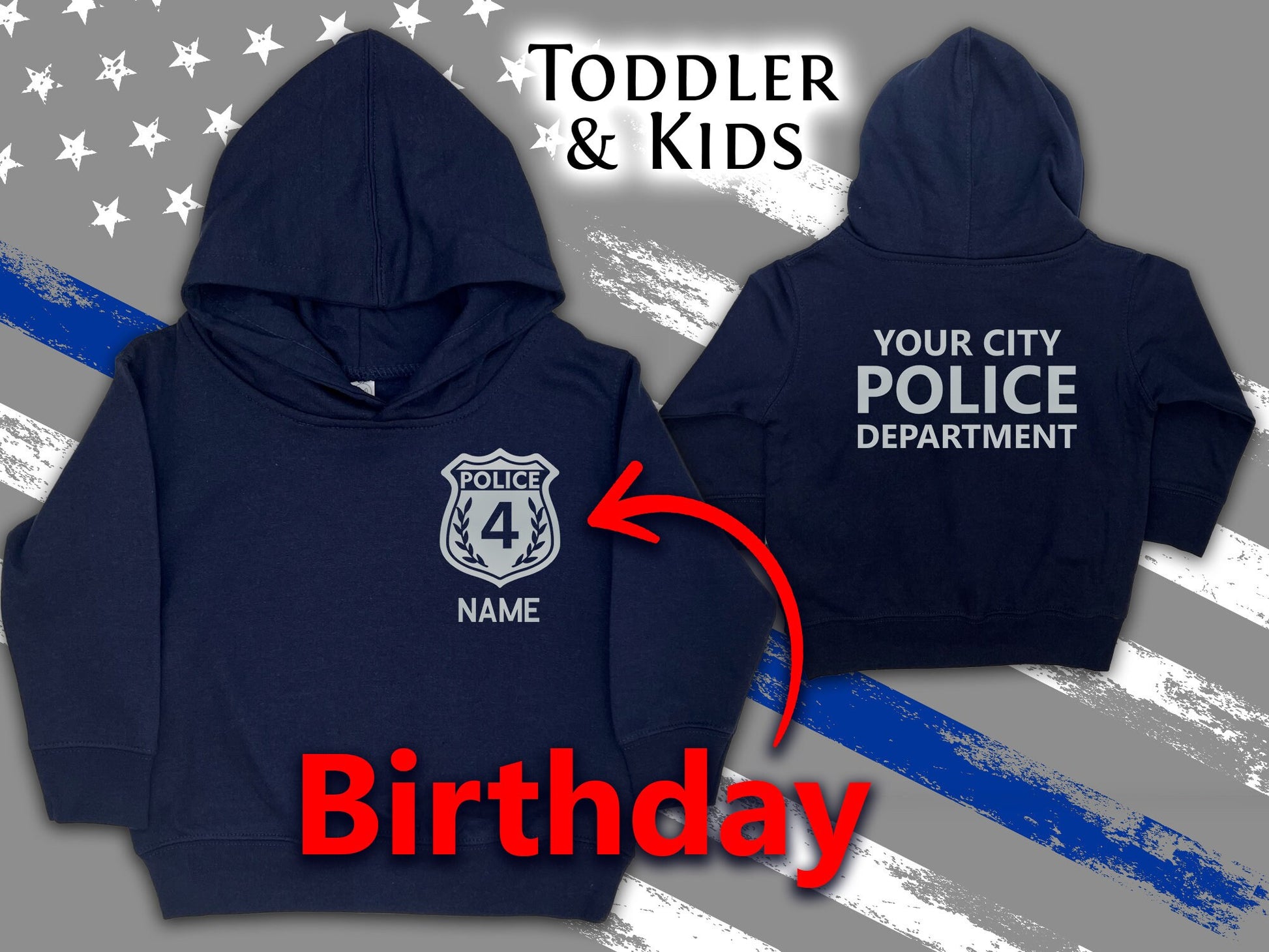 Birthday Police Navy Toddler Hoodie with Shield and Personalized Name - Optional Police Department on Back