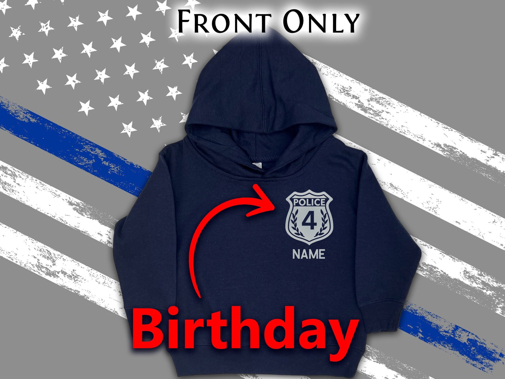 Birthday Police Navy Toddler Hoodie with Shield and Personalized Name - Optional Police Department on Back