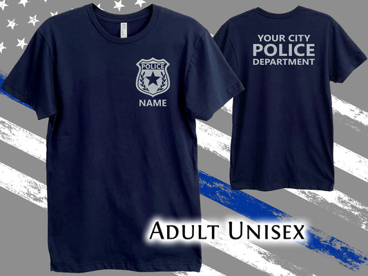 Police Navy Adult Unisex T-Shirt with Badge and Personalized Name - Optional Police Department on Back