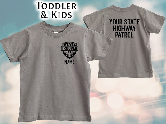 Gray State Trooper Toddler T-Shirt with Badge and Personalized Name - Optional State Highway Patrol on Back