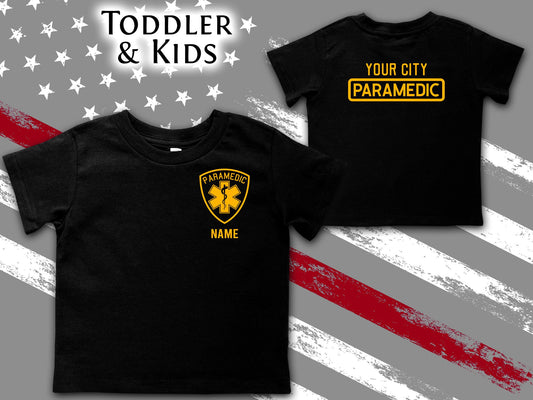 Paramedic Black Toddler T-Shirt with Star of Life Badge and Personalized Name - Optional City or Department on Back