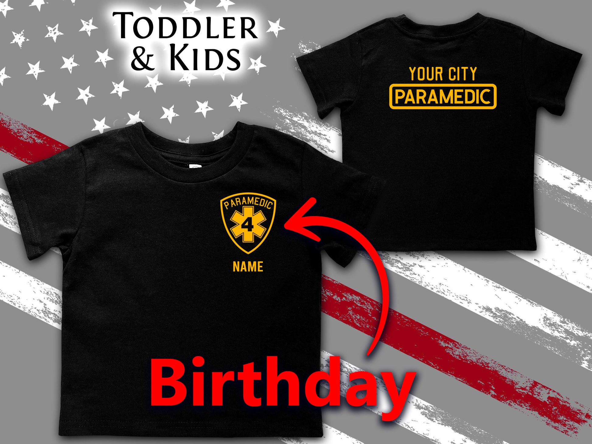 Paramedic Birthday Black Toddler T-Shirt with Star of Life Badge and Personalized Name - Optional City or Department on Back