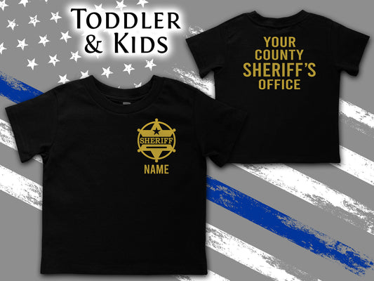 Sheriff Black Toddler T-Shirt with Badge and Personalized Name - Optional Sheriff's Office or Other Text on Back