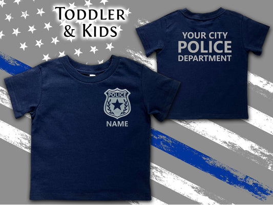 Navy Police Toddler T-Shirt with Badge and Personalized Name - Optional Police Department on Back