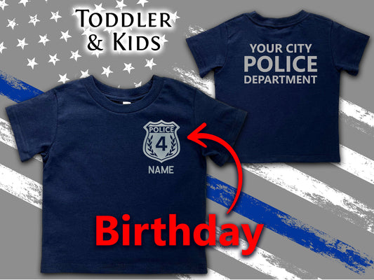 Navy Police Birthday Toddler T-Shirt with Badge and Personalized Name - Includes Child's Age - Optional Police Department on Back