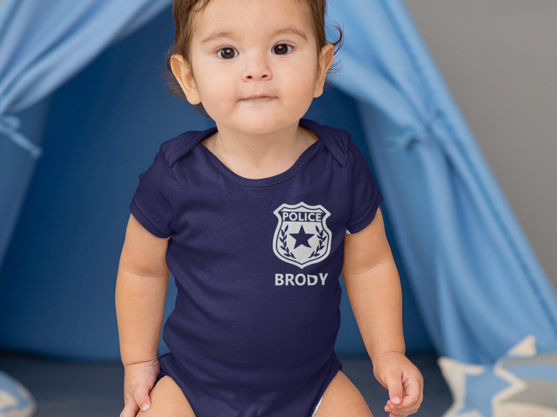 Police Navy Infant Bodysuit with Badge and Personalized Name - Optional Police Department on Back