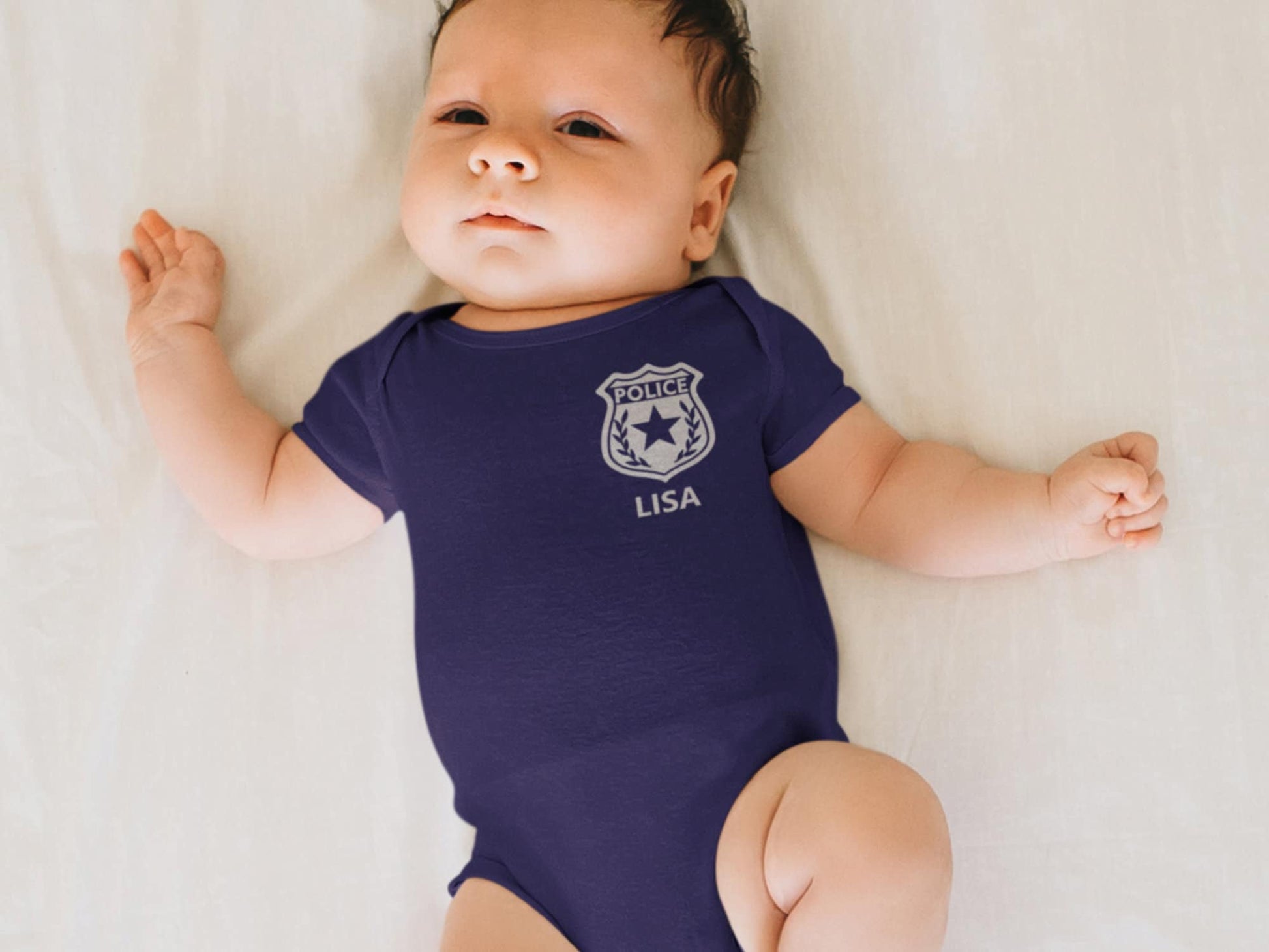 Police Navy Infant Bodysuit with Badge and Personalized Name - Optional Police Department on Back