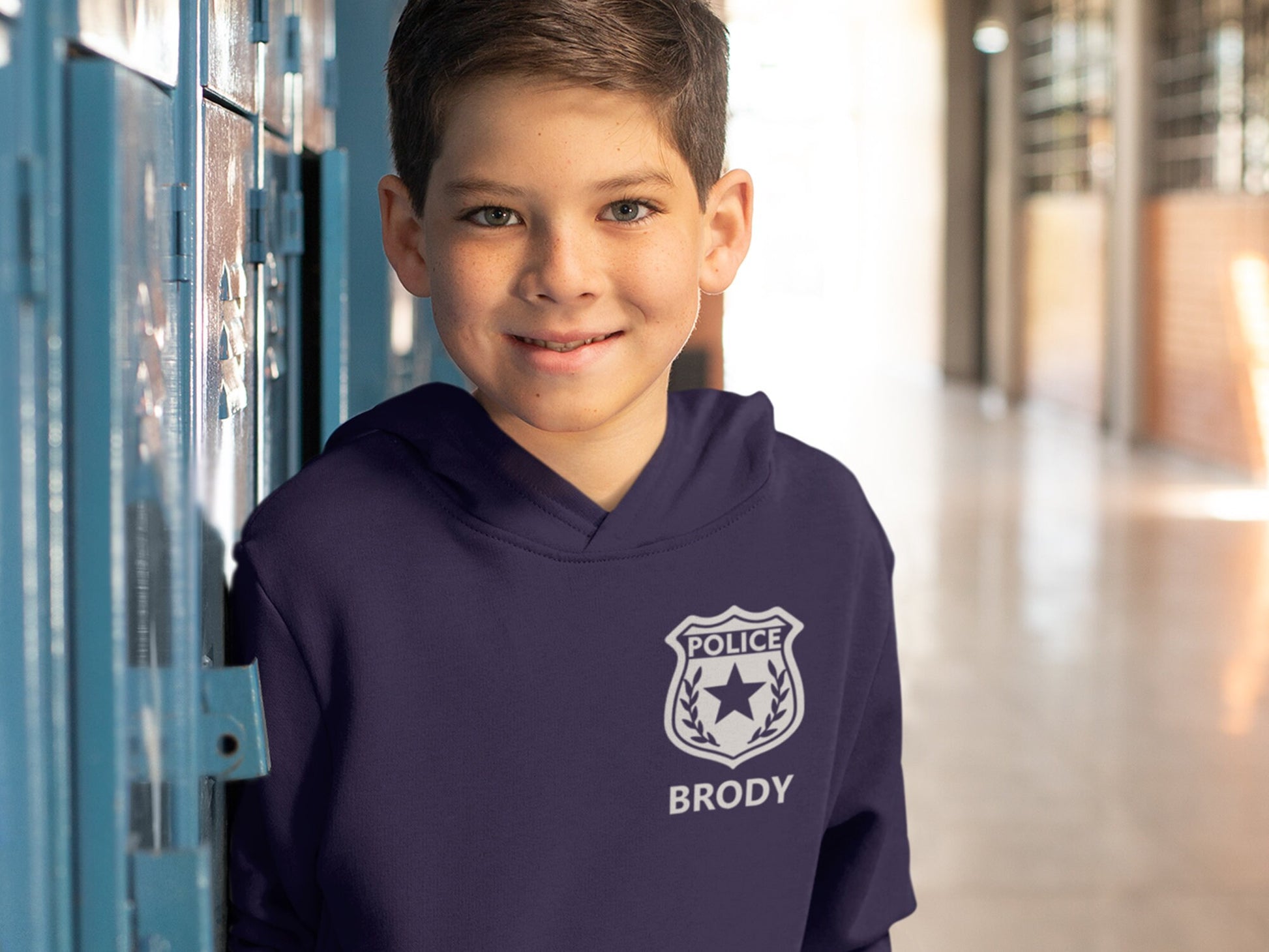 Police Youth Sized Hoodie in Navy with Badge and Personalized Name - Optional Police Department on Back