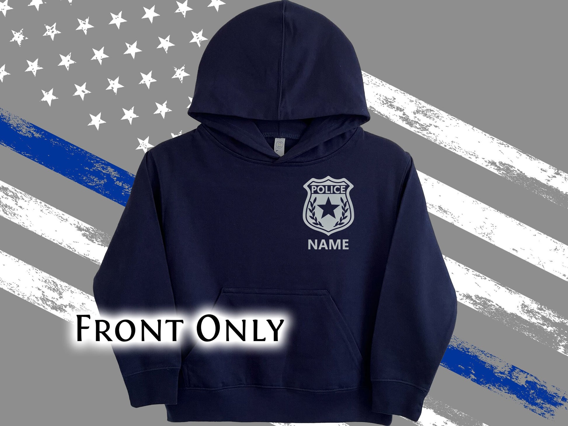 Police Youth Sized Hoodie in Navy with Badge and Personalized Name - Optional Police Department on Back