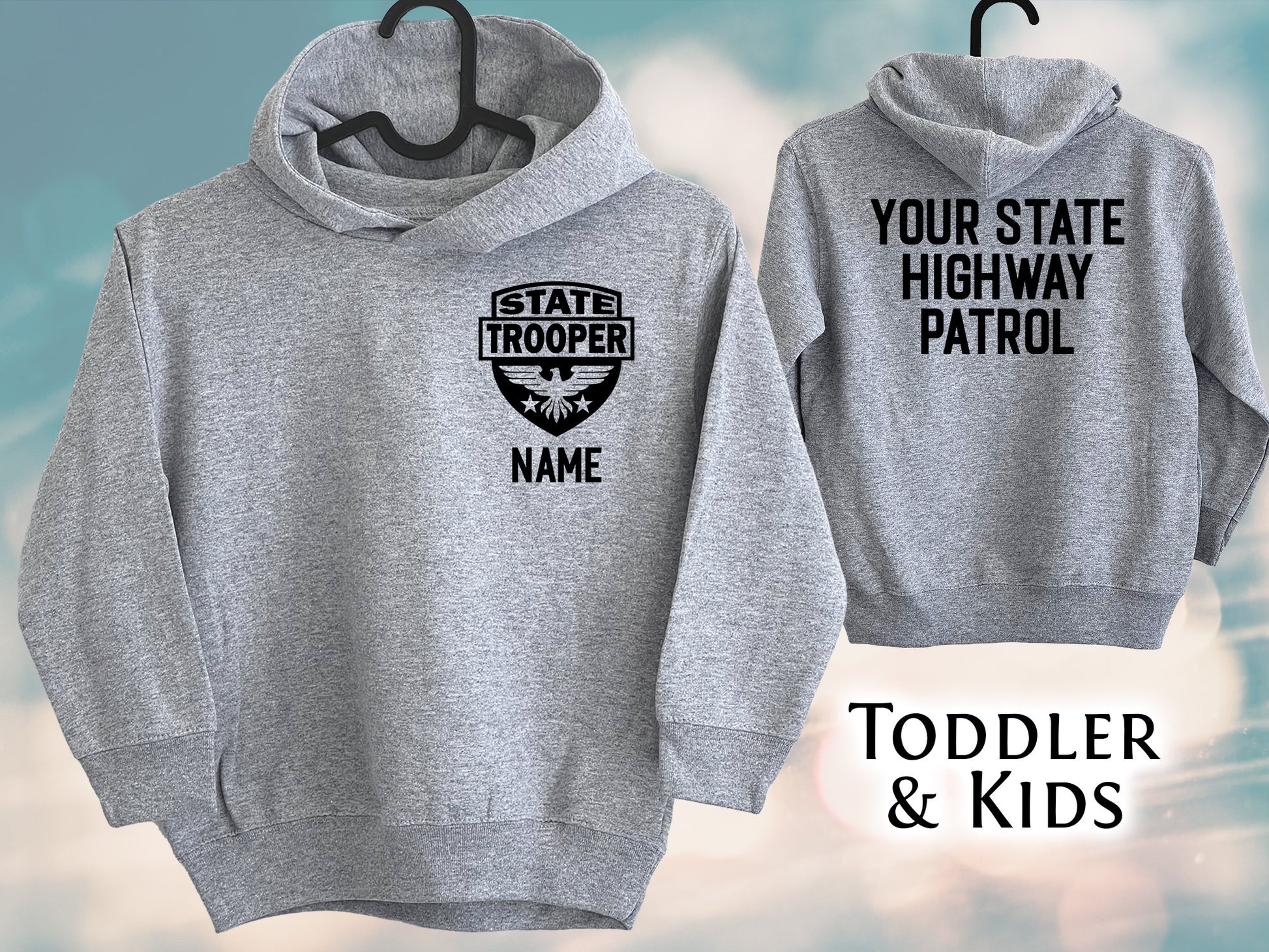 State Trooper Toddler Gray Heather Hoodie with Shield and Personalized Name - Optional Highway Patrol or Other Text on Back