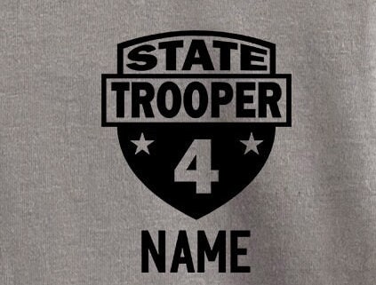 Gray Birthday State Trooper Toddler T-Shirt - Badge with Child's Age and Personalized Name - Optional State Highway Patrol on Back