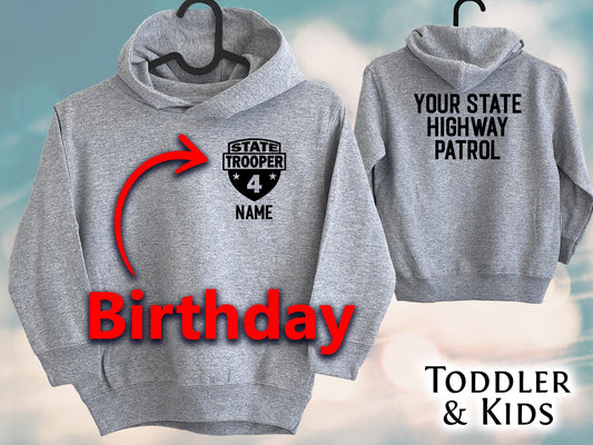 Birthday State Trooper Toddler Gray Heather Hoodie - Shield with Age and Personalized Name - Optional Highway Patrol or Other Text on Back