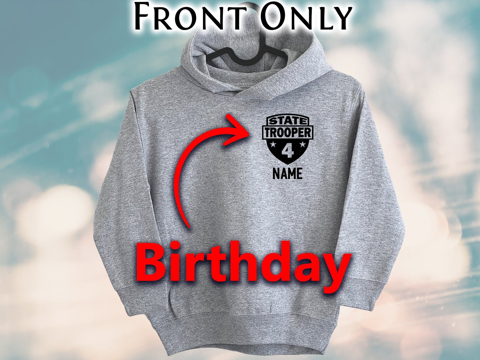 Birthday State Trooper Toddler Gray Heather Hoodie - Shield with Age and Personalized Name - Optional Highway Patrol or Other Text on Back