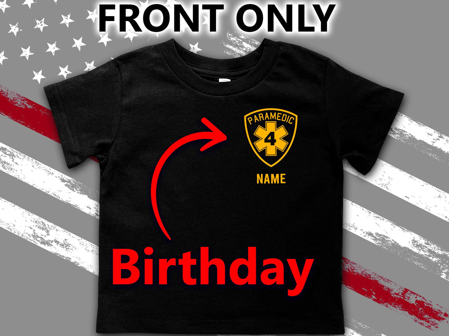 Paramedic Birthday Black Toddler T-Shirt with Star of Life Badge and Personalized Name - Optional City or Department on Back