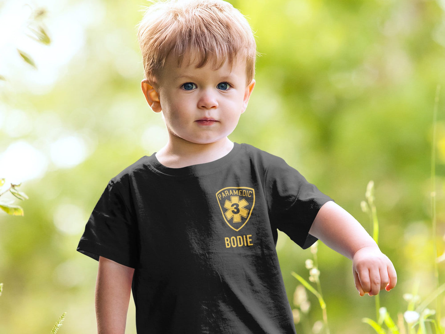 Paramedic Birthday Black Toddler T-Shirt with Star of Life Badge and Personalized Name - Optional City or Department on Back